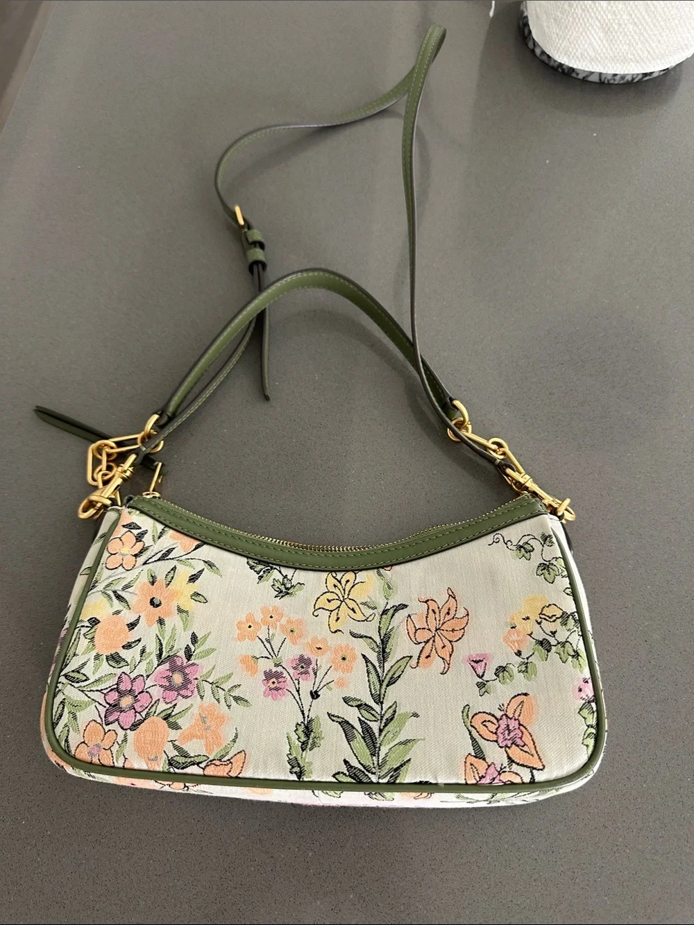 Tory Burch Olive Green Floral Bird Shoulder Bag